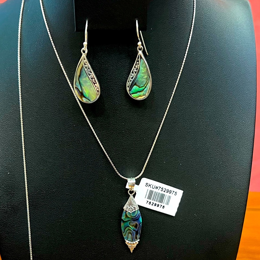 Set of abalone shell pendant and earrings sterling silver and bolo necklace